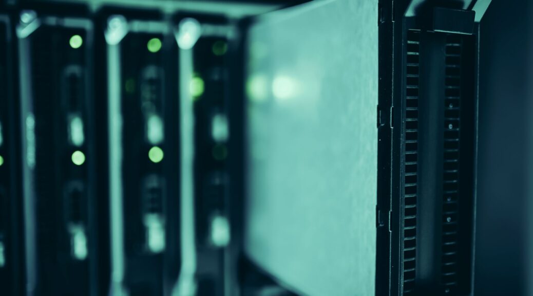 Server racks in a high-tech data center representing AI model infrastructure and governance